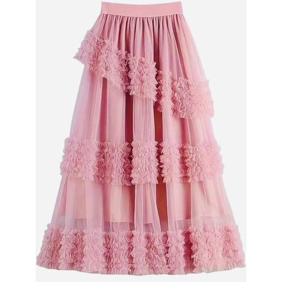 Women’s Pink Tiered Tulle Maxi Skirt Size Large Mesh Flowy Cake Skirt Balletcore - Picture 1 of 7